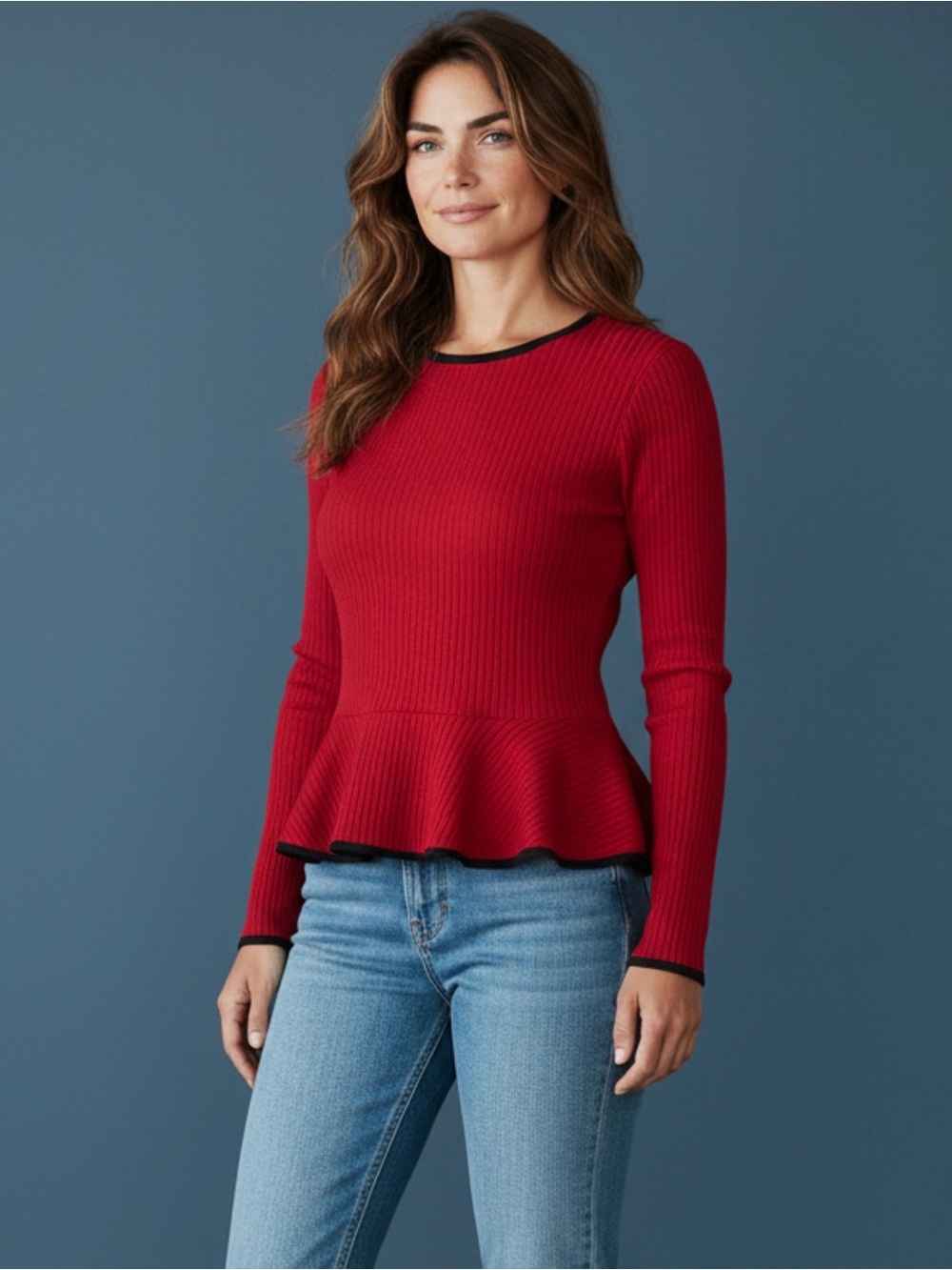 ZARA Red Ribbed Long-Sleeve Top with Black Trim